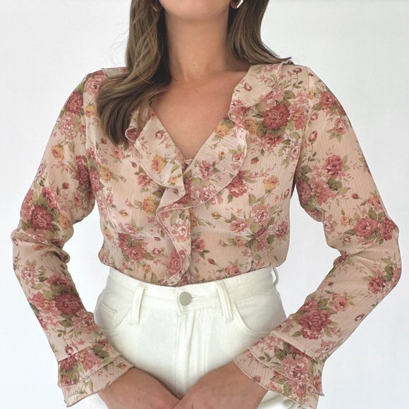 Y2k Pink Floral Ruffle Blouse - Picture 2 of 5